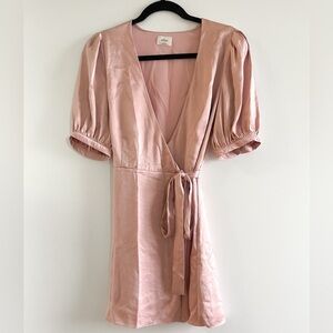 Little Moon Satin Wrap Puff Sleeve Mini Dress